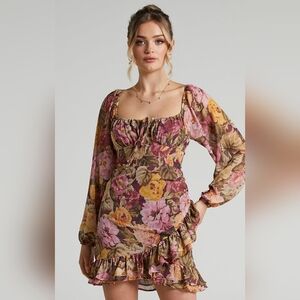 Showpo Grizela Floral Mini Dress Size 16 Long Sleeve Ruffle EUC